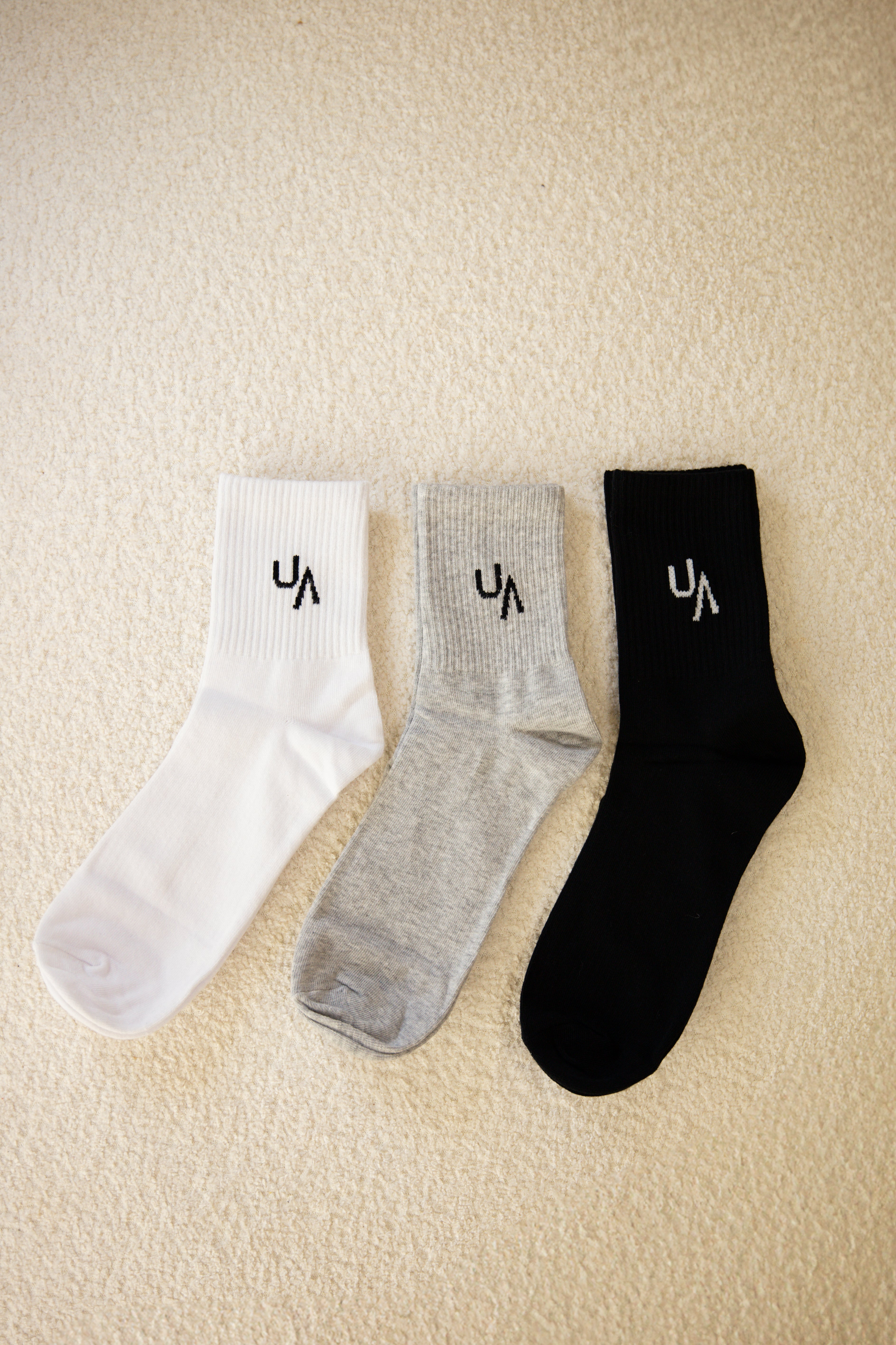 Pack Of 3 Branded UA Socks - White, Black & Grey